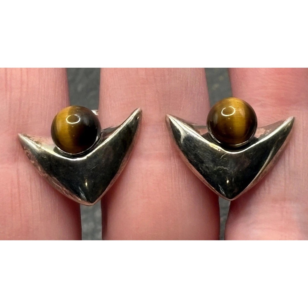 Vintage Signed Artisan Tiger Eye Stone Sterling Silver 925 Modernist Cufflinks